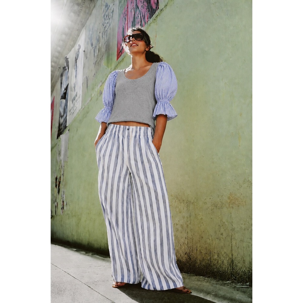 French Connection Peonia Mixed Media Top Grey Blue Striped Puff Sleeve Sz:S NWT